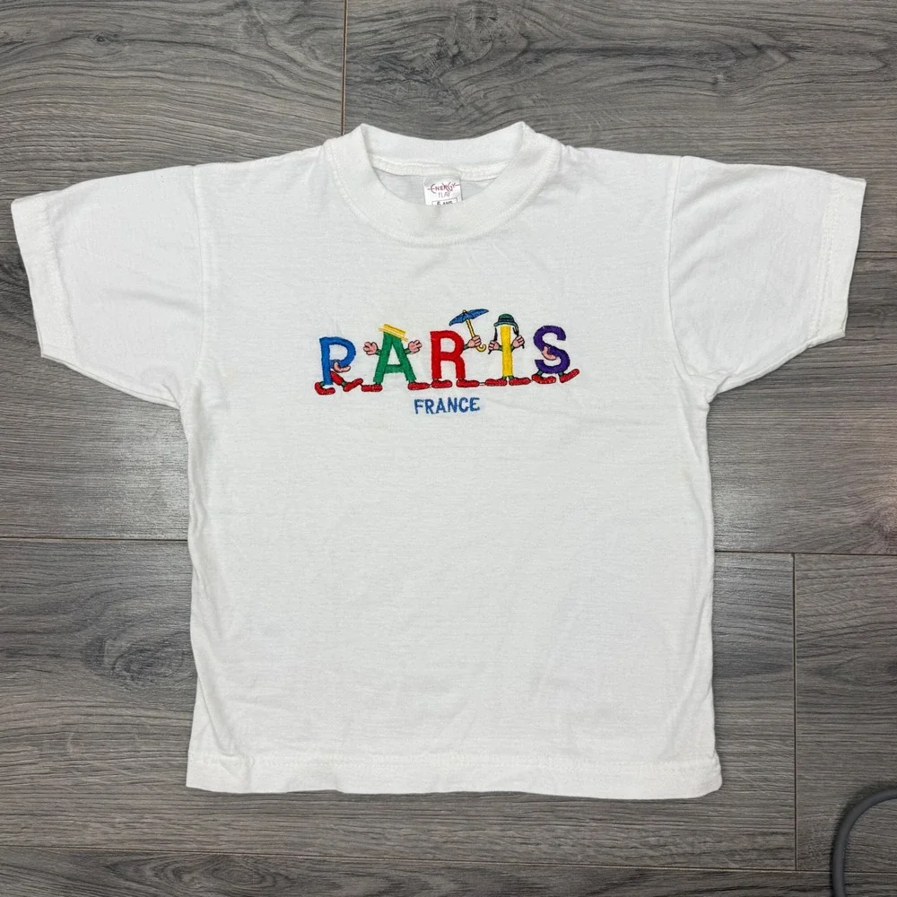 Vintage Paris France Embroidered Tee by Energy Flay – Kids Size 6 Ans White
